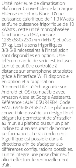 Plafonnier Convertible - 11.3 kWatts - R32 - Hisense - Réf : AUV105UR4RB4