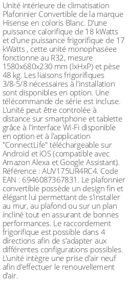 Plafonnier Convertible - 18 kWatts - R32 - Hisense - Réf : AUV175UR4RC4
