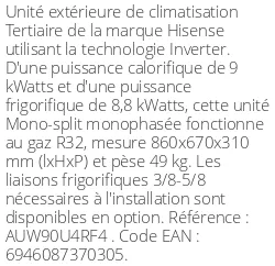 Unité extérieure Tertiaire 9 kWatts Monophasé - R32 - Hisense - Réf : AUW90U4RF4