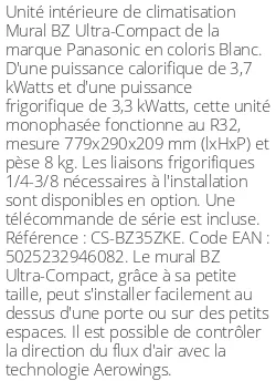 Split mural BZ Ultra-Compact - 3.7 kWatts - R32 - Panasonic - Réf : CS-BZ35ZKE