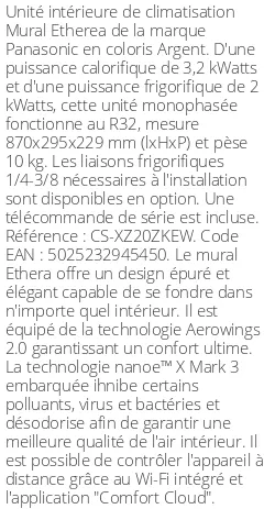 Split mural Etherea - 3.2 kWatts Argent - R32 - Panasonic - Réf : CS-XZ20ZKEW