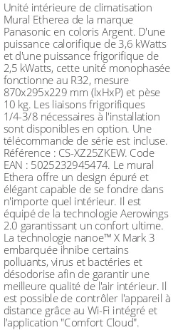 Split mural Etherea - 3.6 kWatts Argent - R32 - Panasonic - Réf : CS-XZ25ZKEW
