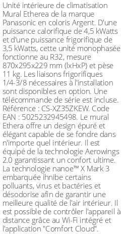 Split mural Etherea - 4.5 kWatts Argent - R32 - Panasonic - Réf : CS-XZ35ZKEW