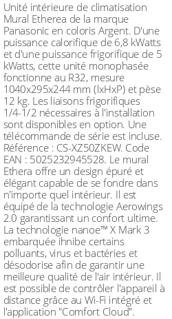 Split mural Etherea - 6.8 kWatts Argent - R32 - Panasonic - Réf : CS-XZ50ZKEW