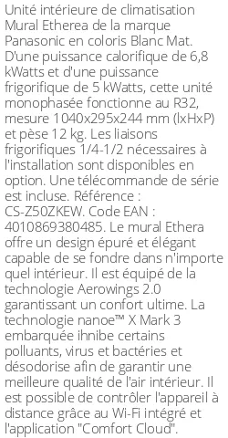 Split mural Etherea - 6.8 kWatts Blanc Mat - R32 - Panasonic - Réf : CS-Z50ZKEW