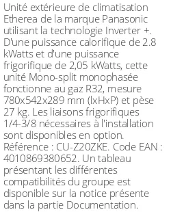 Unité extérieure Etherea 2.8 kWatts - R32 - Panasonic - Réf : CU-Z20ZKE