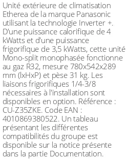 Unité extérieure Etherea 4 kWatts - R32 - Panasonic - Réf : CU-Z35ZKE