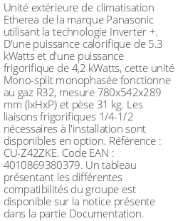 Unité extérieure Etherea 5.3 kWatts - R32 - Panasonic - Réf : CU-Z42ZKE