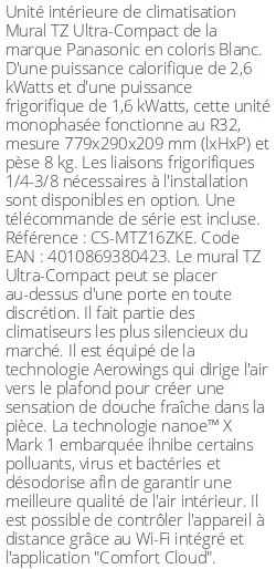 Split mural TZ Ultra-Compact - 2.6 kWatts - R32 - Panasonic - Réf : CS-MTZ16ZKE