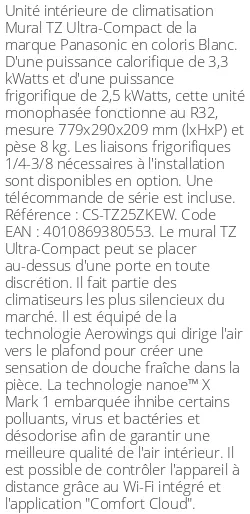 Split mural TZ Ultra-Compact - 3.3 kWatts - R32 - Panasonic - Réf : CS-TZ25ZKEW