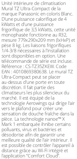 Split mural TZ Ultra-Compact - 4 kWatts - R32 - Panasonic - Réf : CS-TZ35ZKEW