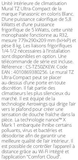 Split mural TZ Ultra-Compact - 5.8 kWatts - R32 - Panasonic - Réf : CS-TZ50ZKEW