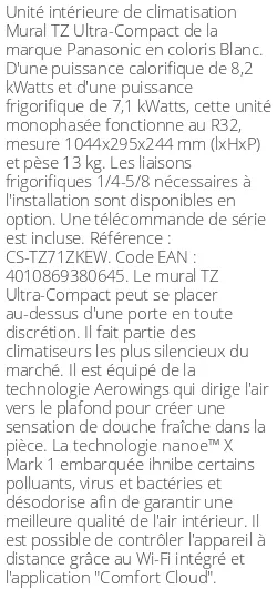 Split mural TZ Ultra-Compact - 8.2 kWatts - R32 - Panasonic - Réf : CS-TZ71ZKEW