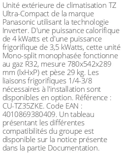 Unité extérieure TZ Ultra-Compact 4 kWatts - R32 - Panasonic - Réf : CU-TZ35ZKE