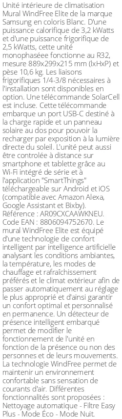 Split mural WindFree Elite - 3.2 kWatts - R32 - Samsung - Réf : AR09CXCAAWKNEU