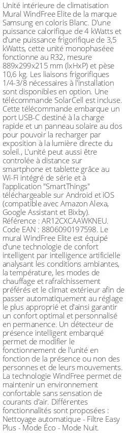 Split mural WindFree Elite - 4 kWatts - R32 - Samsung - Réf : AR12CXCAAWKNEU