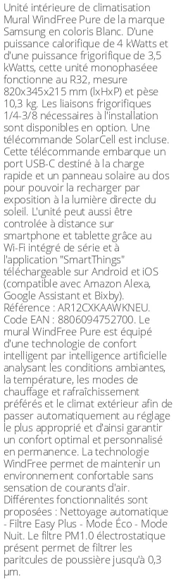 Split mural WindFree Pure - 4 kWatts - R32 - Samsung - Réf : AR12CXKAAWKNEU