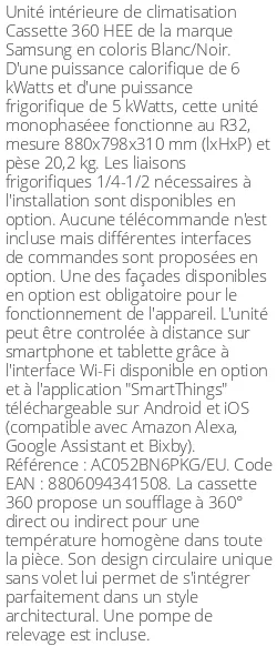 Cassette 360 HEE - 6 kWatts - R32 - Samsung - Réf : AC052BN6PKG/EU