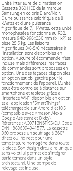 Cassette 360 HEE - 8 kWatts - R32 - Samsung - Réf : AC071BN6PKG/EU