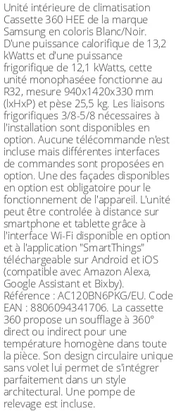 Cassette 360 HEE - 13.2 kWatts - R32 - Samsung - Réf : AC120BN6PKG/EU