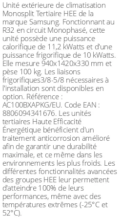 Unité extérieure Tertiaire HEE 11.2 kWatts Monophasé - R32 - Samsung - Réf : AC100BXAPKG/EU