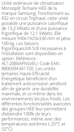 Unité extérieure Tertiaire HEE 13 kWatts Triphasé - R32 - Samsung - Réf : AC120BXAPNG/EU