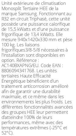 Unité extérieure Tertiaire HEE 16 kWatts Triphasé - R32 - Samsung - Réf : AC140BXAPNG/EU