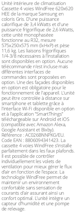 Cassette 4 voies WindFree 620 X 620 HEE - 3.4 kWatts - R32 - Samsung - Réf : AC026BNNPKG/EU