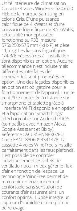 Cassette 4 voies WindFree 620 X 620 HEE - 4 kWatts - R32 - Samsung - Réf : AC035BNNPKG/EU