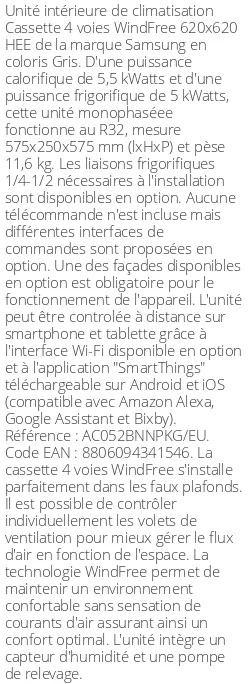 Cassette 4 voies WindFree 620 X 620 HEE - 5.5 kWatts - R32 - Samsung - Réf : AC052BNNPKG/EU