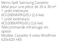 Climatiseur Cassette 4 voies WindFree 620x620 HEE, 2,6 kWatts