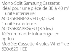 Climatiseur Cassette 4 voies WindFree 620x620 HEE, 3,5 kWatts