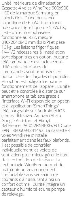 Cassette 4 voies WindFree 900 X 900 HEE - 6 kWatts - R32 - Samsung - Réf : AC052BN4PKG/EU