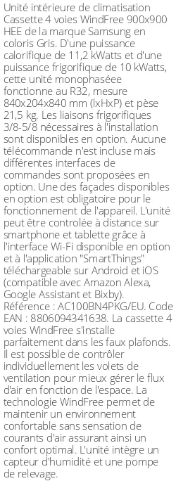 Cassette 4 voies WindFree 900 X 900 HEE - 11.2 kWatts - R32 - Samsung - Réf : AC100BN4PKG/EU