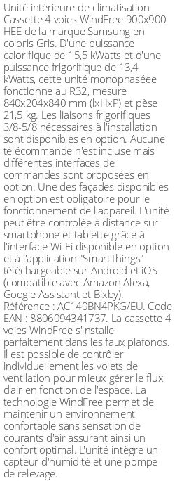 Cassette 4 voies WindFree 900 X 900 HEE - 15.5 kWatts - R32 - Samsung - Réf : AC140BN4PKG/EU