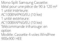Climatiseur Cassette 4 voies WindFree 900x900 HEE, 10 kWatts Triphasé