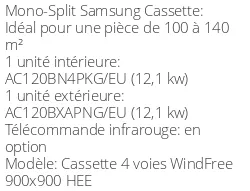 Climatiseur Cassette 4 voies WindFree 900x900 HEE, 12,1 kWatts Triphasé