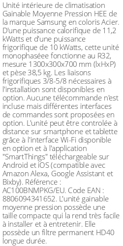 Gainable Moyenne Pression HEE - 11.2 kWatts - R32 - Samsung - Réf : AC100BNMPKG/EU