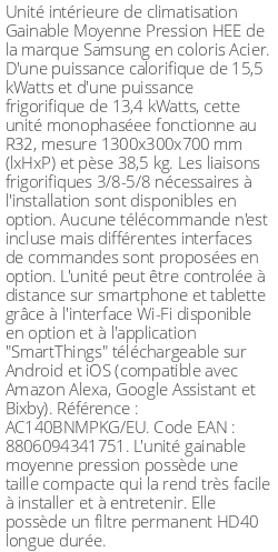 Gainable Moyenne Pression HEE - 15.5 kWatts - R32 - Samsung - Réf : AC140BNMPKG/EU