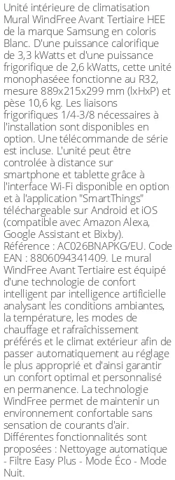 Split mural WindFree Avant Tertiaire HEE - 3.5 kWatts - R32 - Samsung - Réf : AC026BNAPKG/EU
