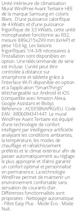 Split mural WindFree Avant Tertiaire HEE - 4 kWatts - R32 - Samsung - Réf : AC035BNAPKG/EU