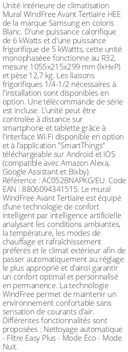 Split mural WindFree Avant Tertiaire HEE - 6 kWatts - R32 - Samsung - Réf : AC052BNAPKG/EU