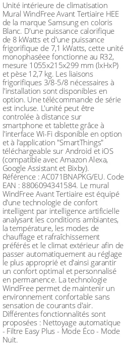 Split mural WindFree Avant Tertiaire HEE - 8 kWatts - R32 - Samsung - Réf : AC071BNAPKG/EU