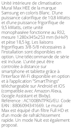 Split mural Max HEE - 10.8 kWatts - R32 - Samsung - Réf : AC100BNTPKG/EU