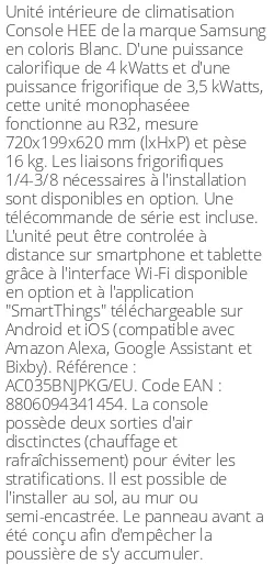 Console HEE - 4 kWatts - R32 - Samsung - Réf : AC035BNJPKG/EU