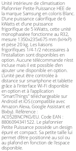 Plafonnier Petite Puissance HEE - 6 kWatts - R32 - Samsung - Réf : AC052BNCPKG/EU