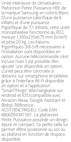 Plafonnier Petite Puissance HEE - 8 kWatts - R32 - Samsung - Réf : AC071BNCPKG/EU