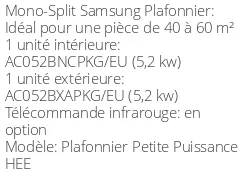 Climatiseur Plafonnier Petite Puissance HEE, 5 kWatts Monophasé