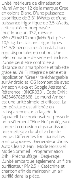 Split mural Amber 12 - 3.81 kWatts - R32 - Gree - Réf : 3NGR0331