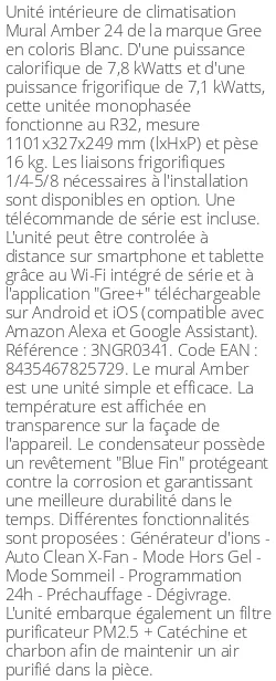 Split mural Amber 24 - 7.8 kWatts - R32 - Gree - Réf : 3NGR0341
